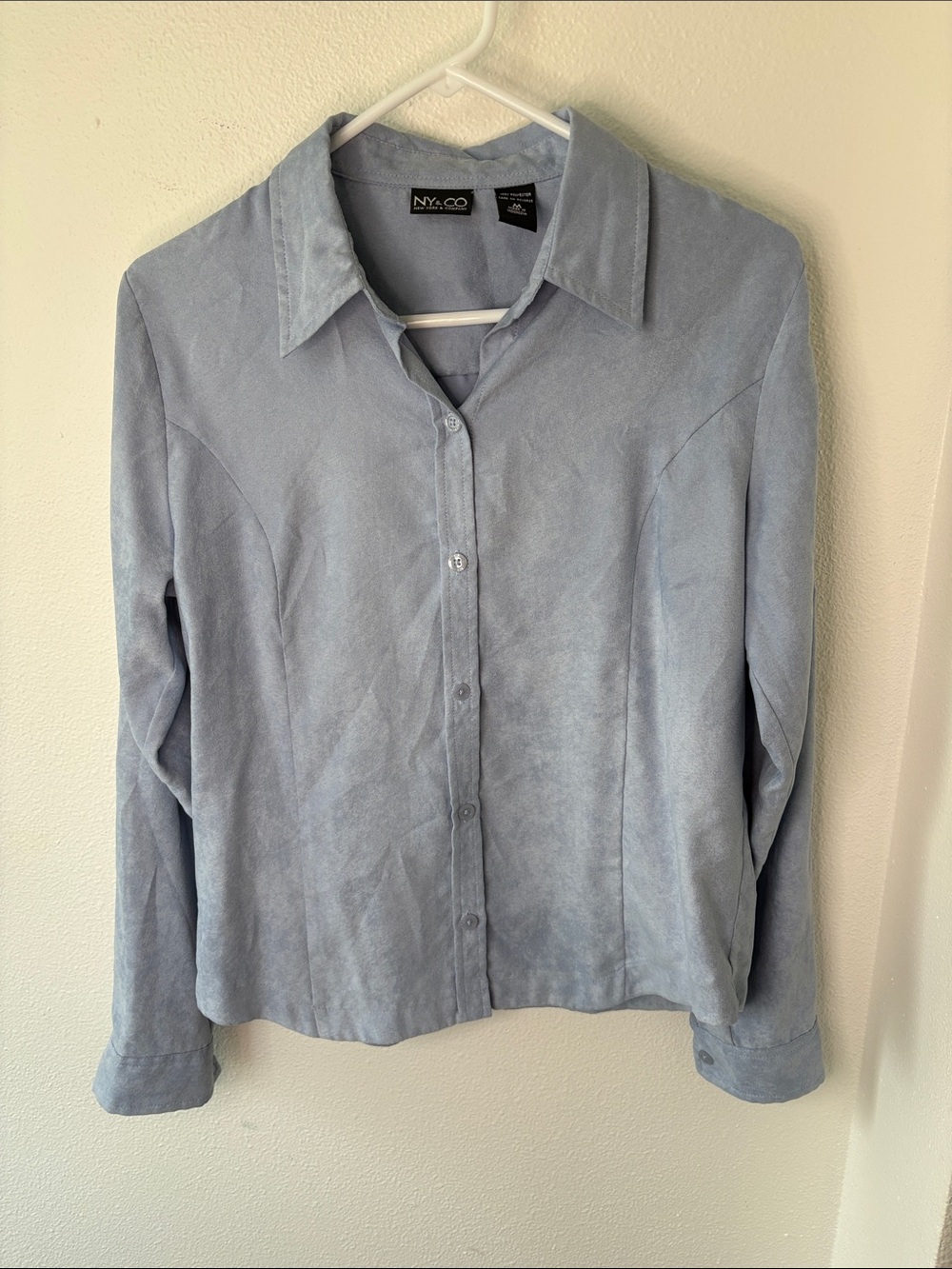 New York & Company Powder Blue Button-Down Faux Suede Women's Shirt - M